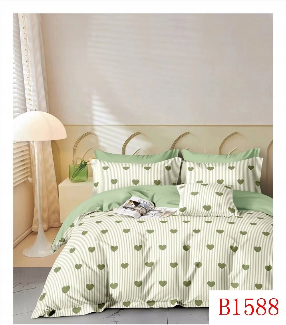 Komplet pościeli 100% bawełna Mengtianzi B-1588 zielona w serca 160x200 3el