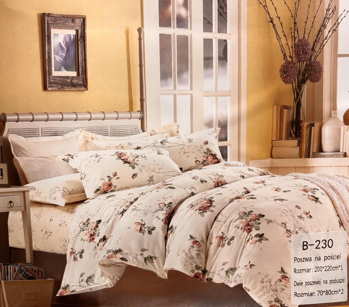Komplet pościeli 100% bawełna Mengtianzi B-230 biała w kwiaty 160x200 3el
