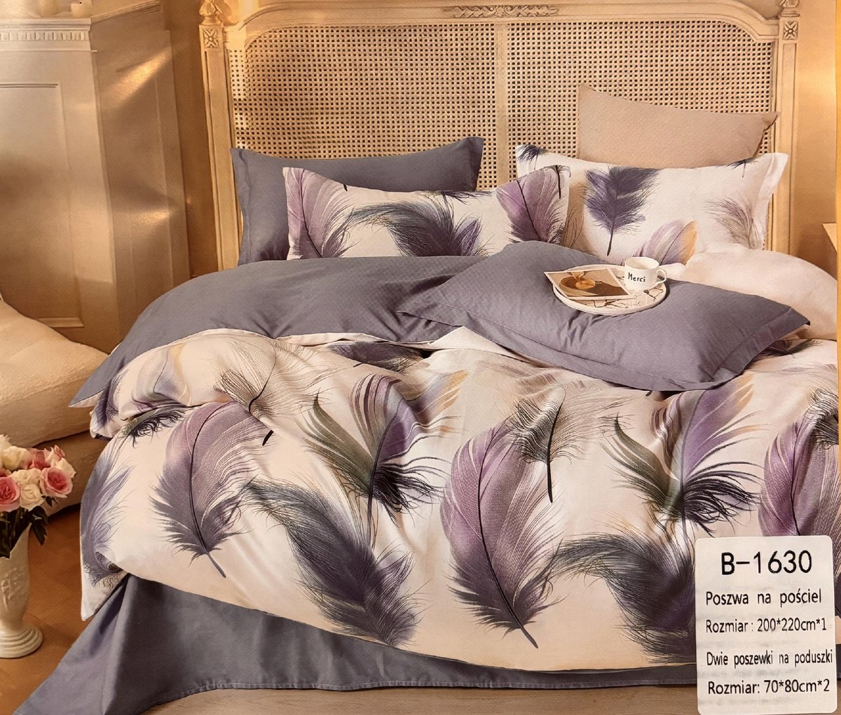 Komplet pościeli 100% bawełna Mengtianzi B-1630 biała w pióra 200x220 3el