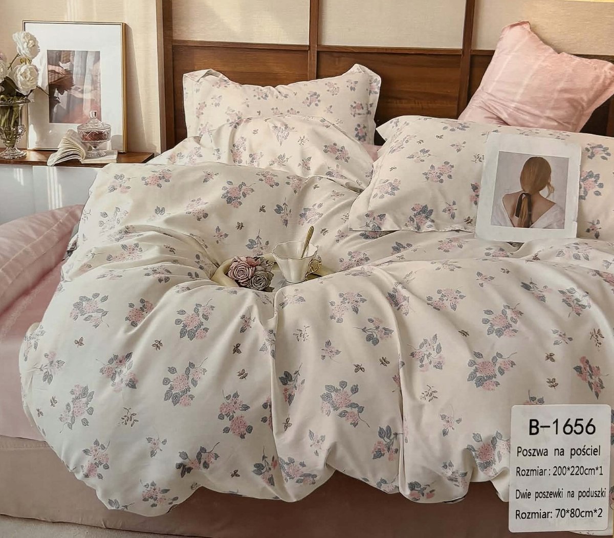 Komplet pościeli 100% bawełna Mengtianzi B-1656 biała w kwiaty 200x220 3el