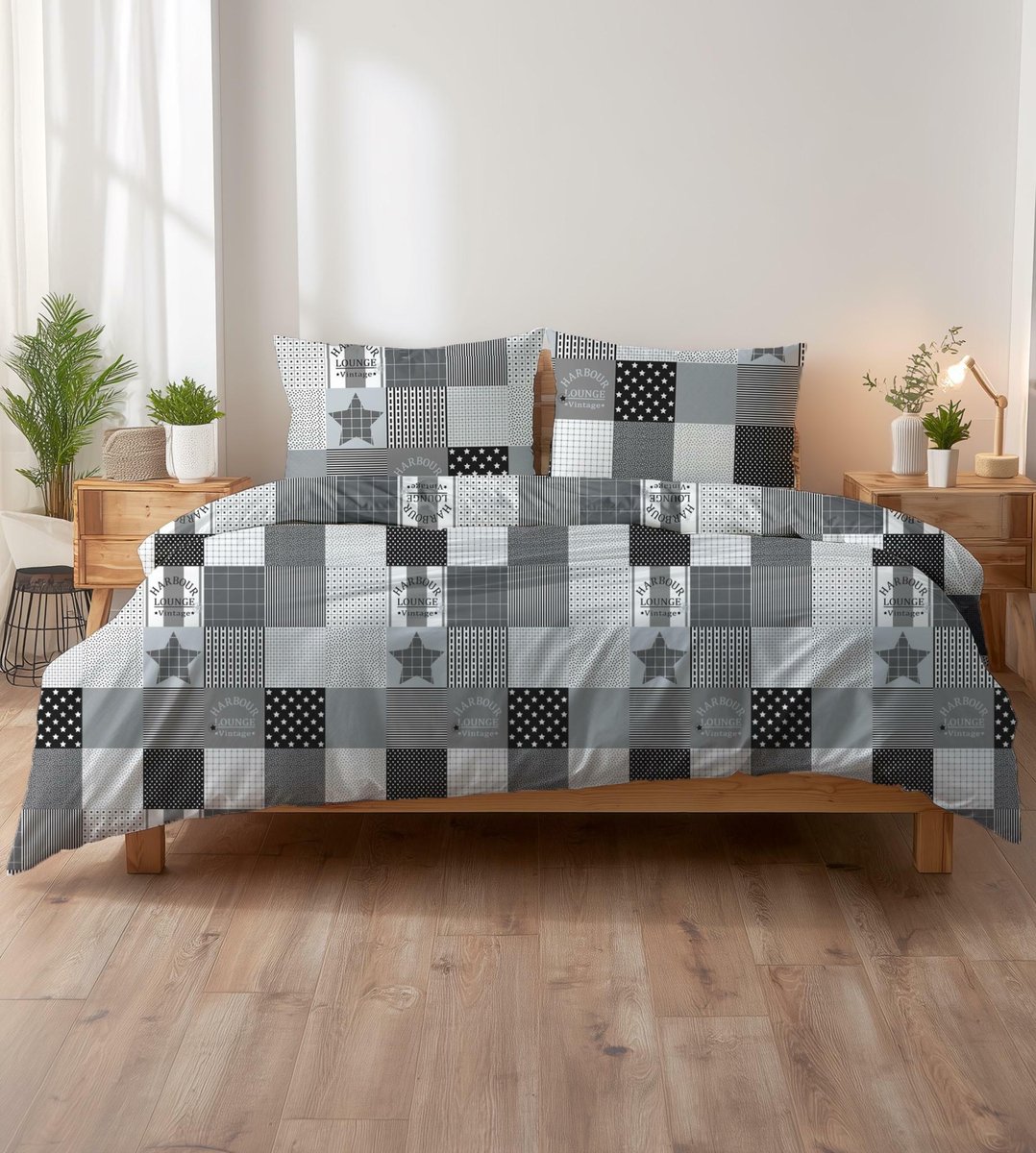 Pościel z kory 140x200 czarno-biała patchwork w gwiazdy i kratkę KORA HOME