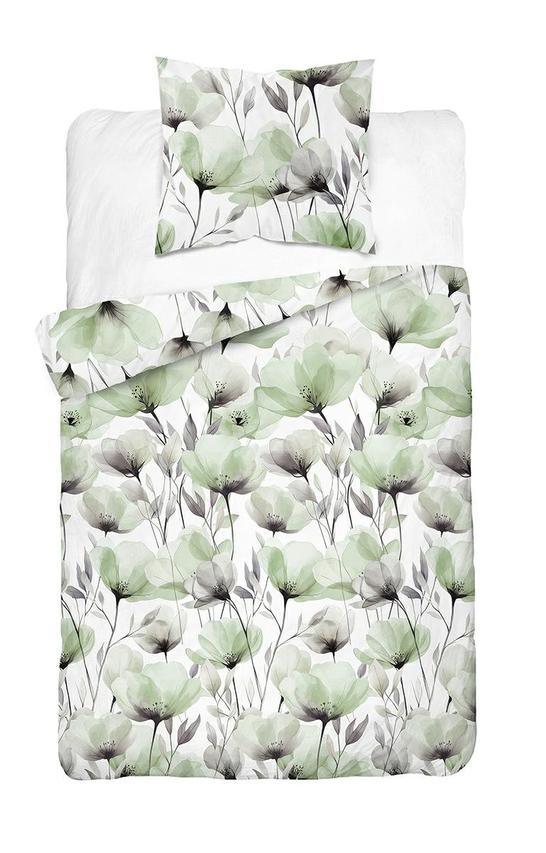 Pościel 140x200 biała w akwarelowe zielone kwiaty - Floral Harmony