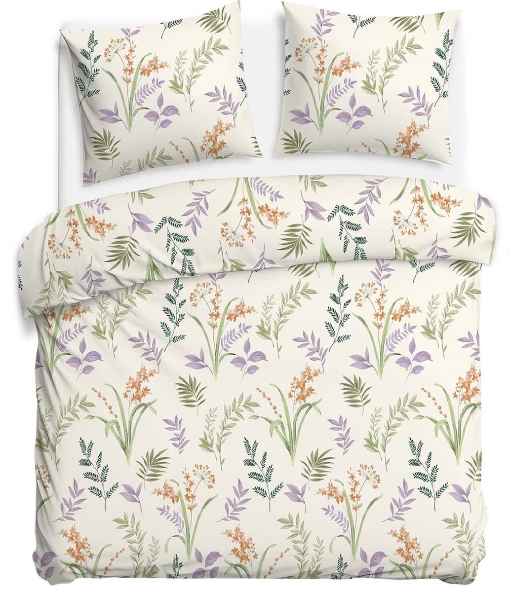 Pościel bawełniana 180x200 kremowa w botaniczny wzór kwiatowy 71498/1 – CottonLove