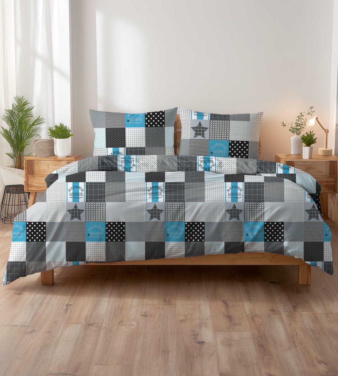 Pościel z kory 160x200 patchwork czarno-biało-szara z turkusowym akcentem w gwiazdy KORA HOME