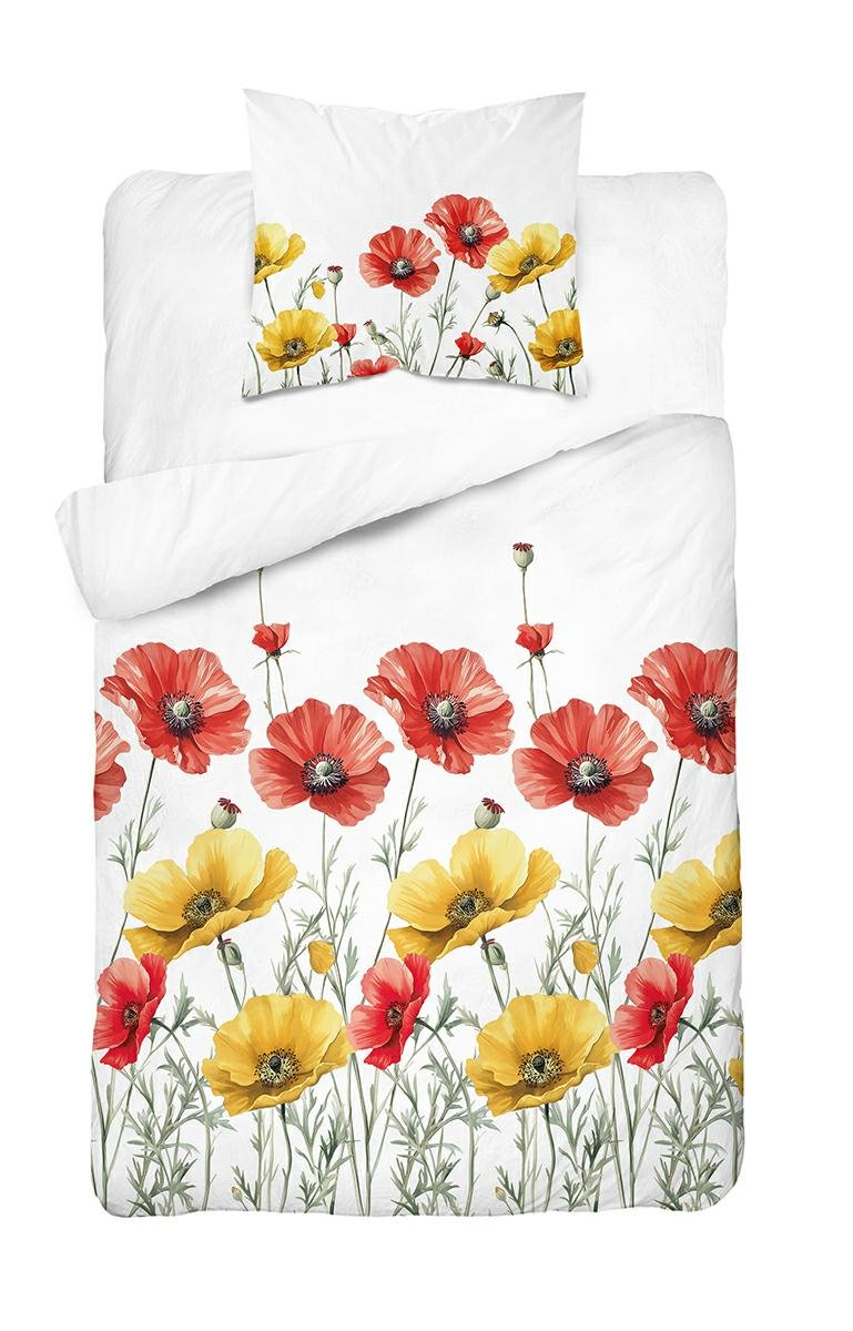 Pościel 140x200 biała w czerwone i żółte maki - Floral Harmony