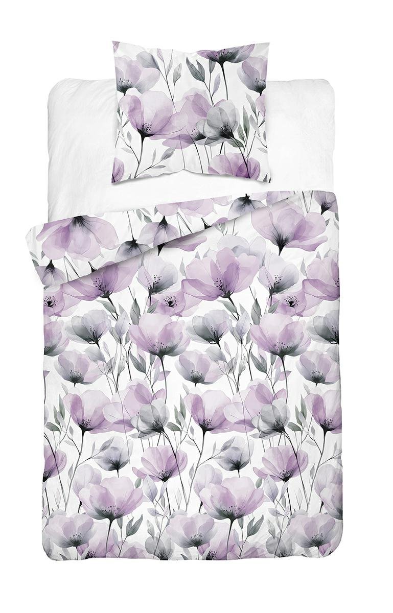 Pościel 140x200 biała w akwarelowe fioletowe kwiaty - Floral Harmony