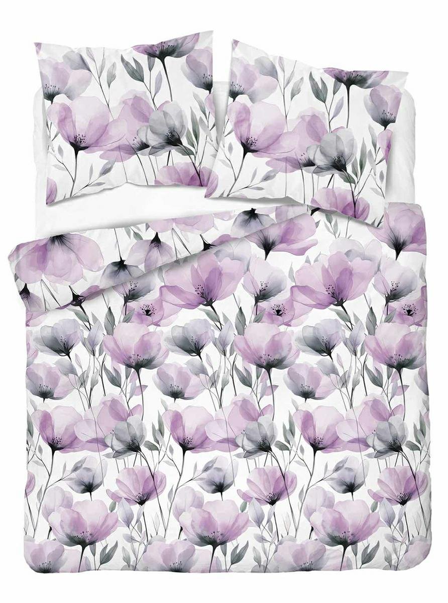 Pościel 180x200 biała w akwarelowe fioletowe kwiaty - Floral Harmony