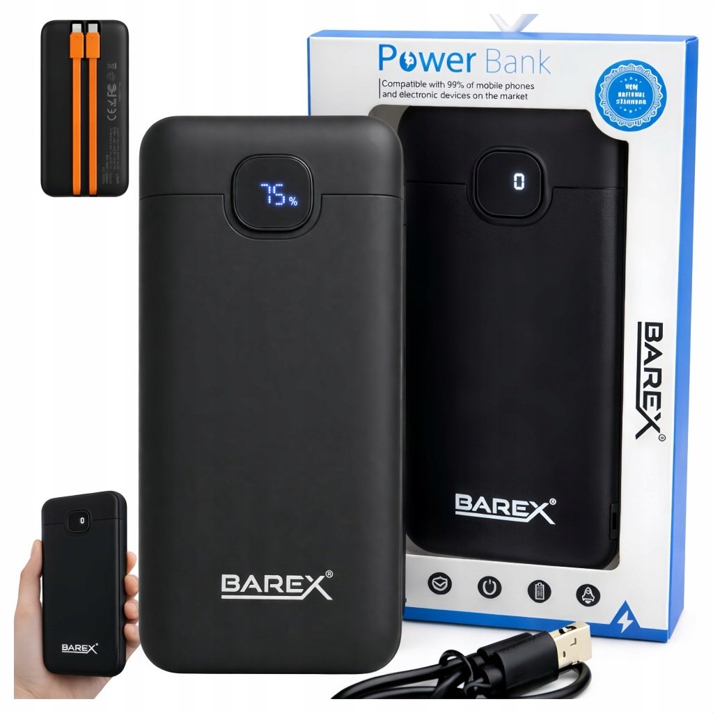 Powerbank 10000mAh USB-C Lightning 3xUSB Fast Charge LED Wyświetlacz BAREX
