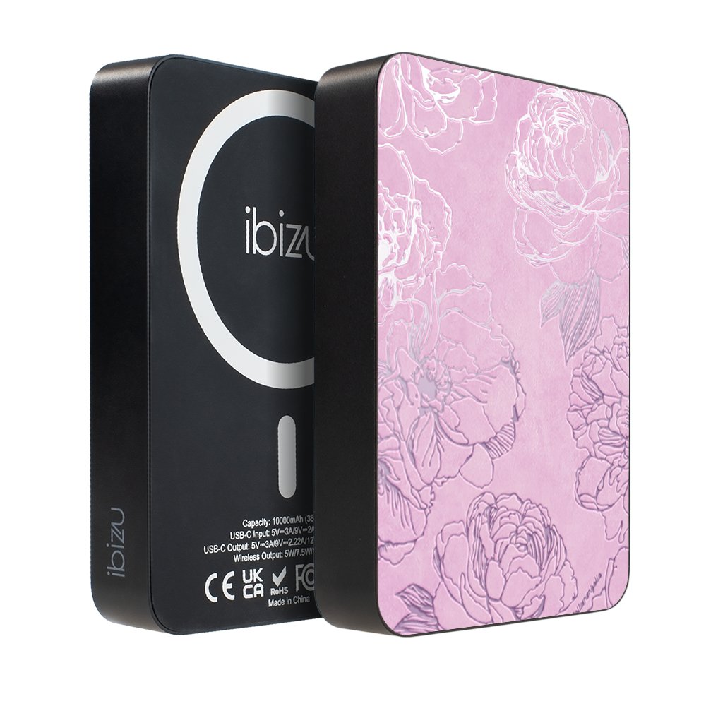 Powerbank IBIZU MagPower 10 000 mAh, gwiezdna czerń, magnetyczny, aluminiowy, Różowe piwonie