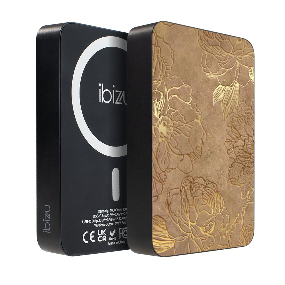 Powerbank IBIZU MagPower 10 000 mAh, gwiezdna czerń, magnetyczny, aluminiowy, Złote piwonie