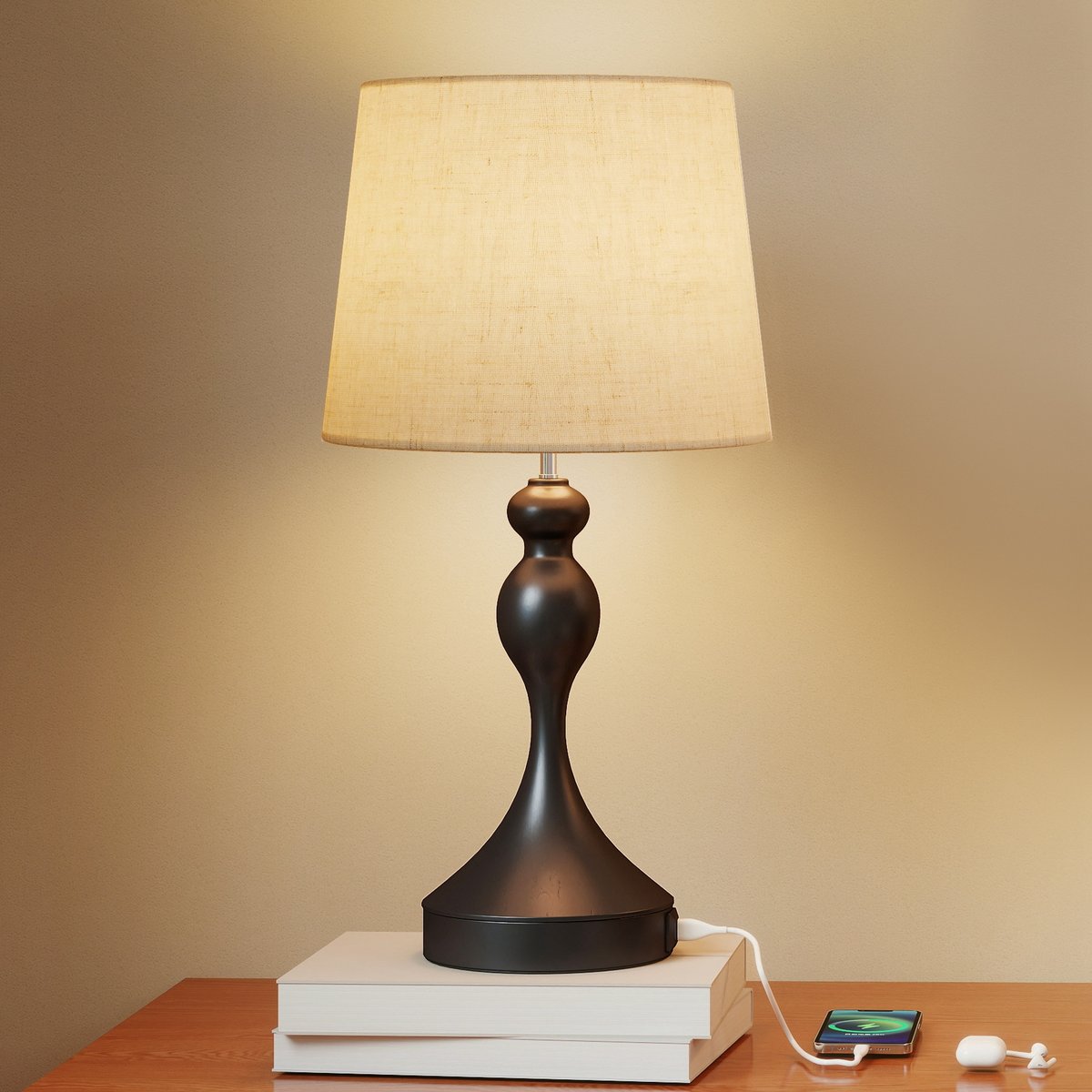 Lampa stołowa LED HOMCOM z 3 temperaturami barwowymi, lampka nocna z portami ładowania USB A+C, klosz lniany, lampa biurkowa do czytania w sypialni ..