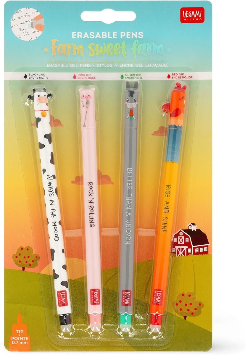 Legami 4 zmazywalne długopisy żelowe Farm Sweet Farm końcówka 0,7 mm
