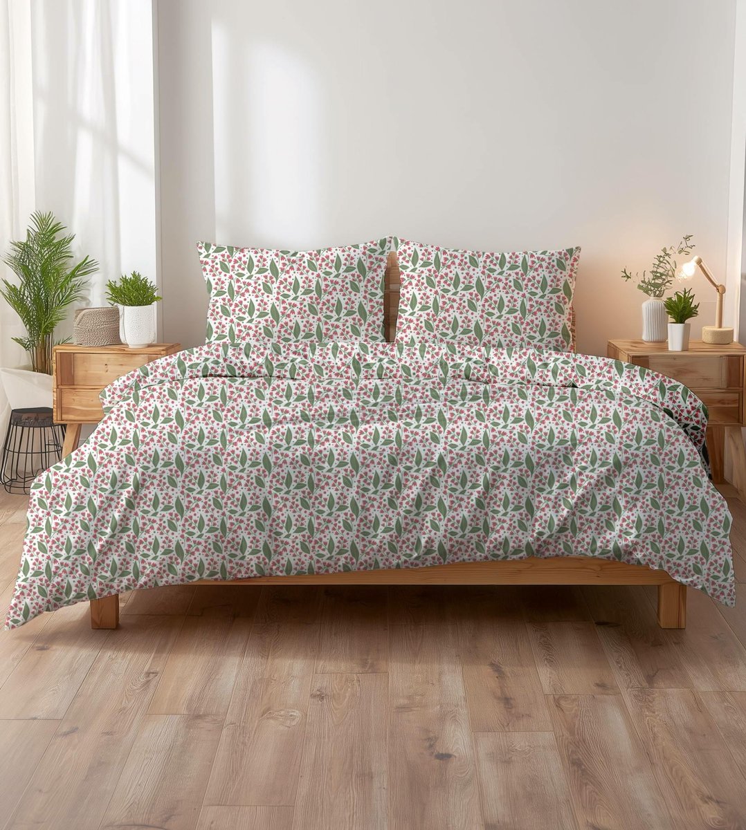 Pościel z kory 160x200 biała w zielone listki i czerwone kwiaty KORA HOME