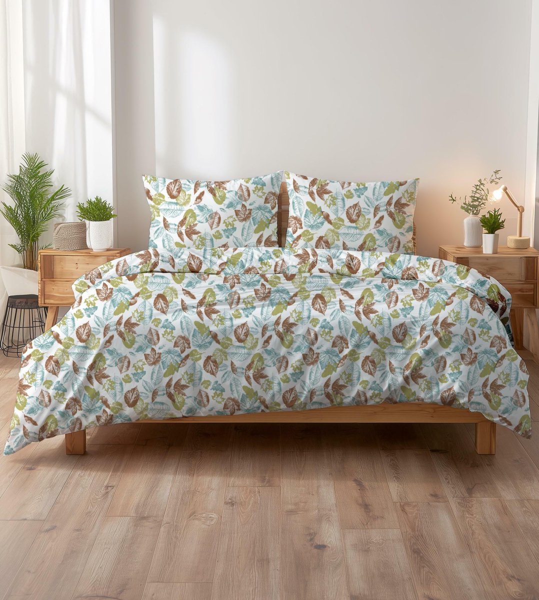Pościel z kory 140x200 biała w liście zielone, niebieskie i brązowe KORA HOME