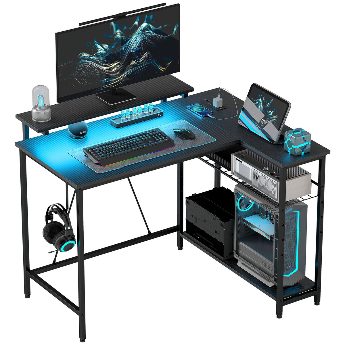Biurko HOMCOM w kształcie litery L z oświetleniem LED, gniazdkami elektrycznymi, portami USB, biurko komputerowe z półką, podstawą pod monitor i hac..