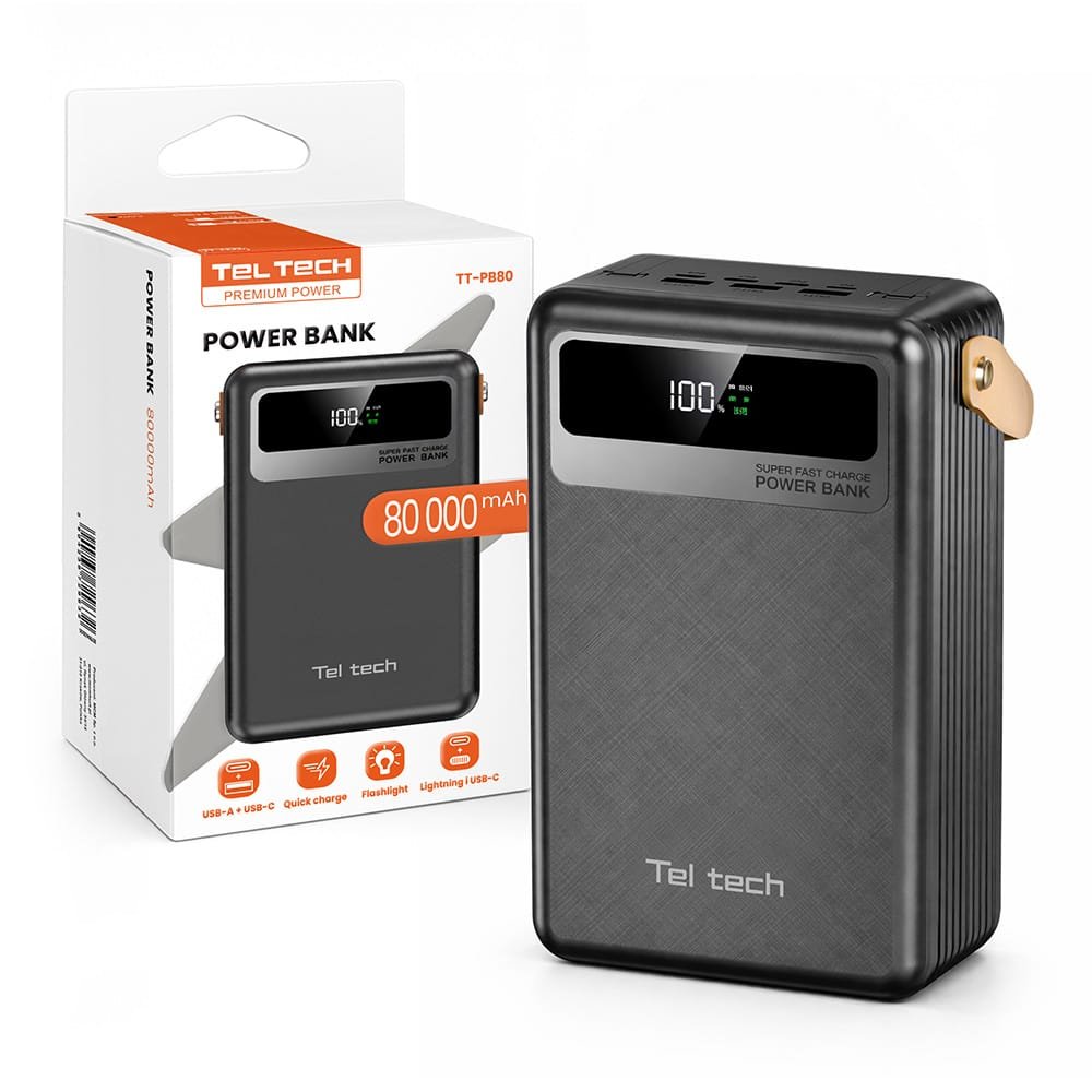 Power bank 80000mAh POTĘŻNA POJEMNOŚĆ Bateria Awaryjna 5A 22.5W + kable Typ-C / Lightning Czarny