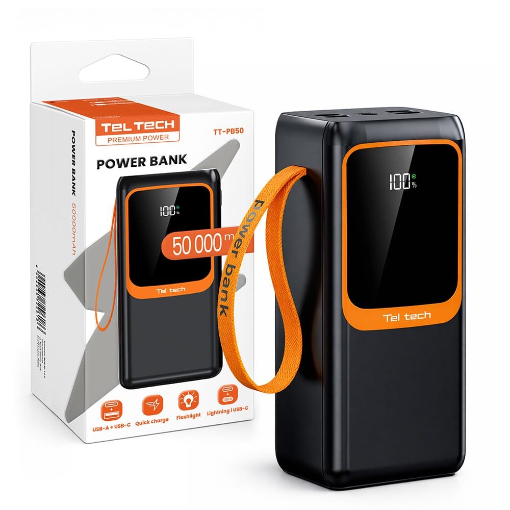 DUŻY Powerbank 50000mAh Bateria awaryjna 5A 22.5W + kable Typ-C / Lightning Czarny Power Bank