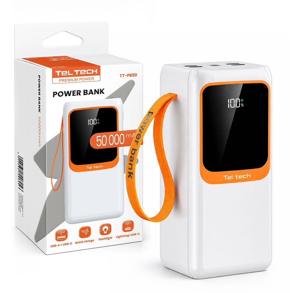 DUŻY Powerbank 50000mAh Bateria awaryjna 5A 22.5W + kable Typ-C / Lightning biały Power Bank