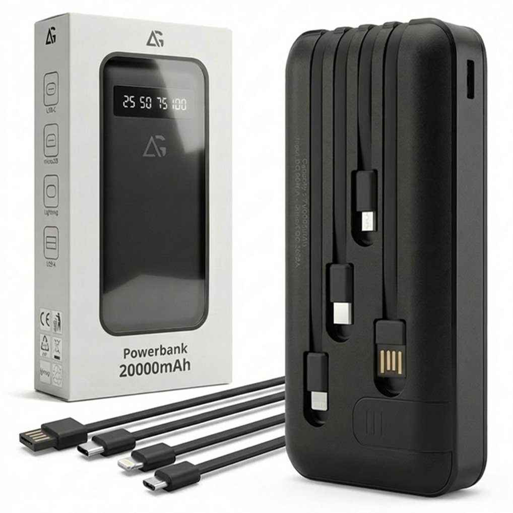 POJEMNY POWERBANK 20000mAh KABEL USB 4w1 USB-C Lightning microUSB ŁADOWARKA