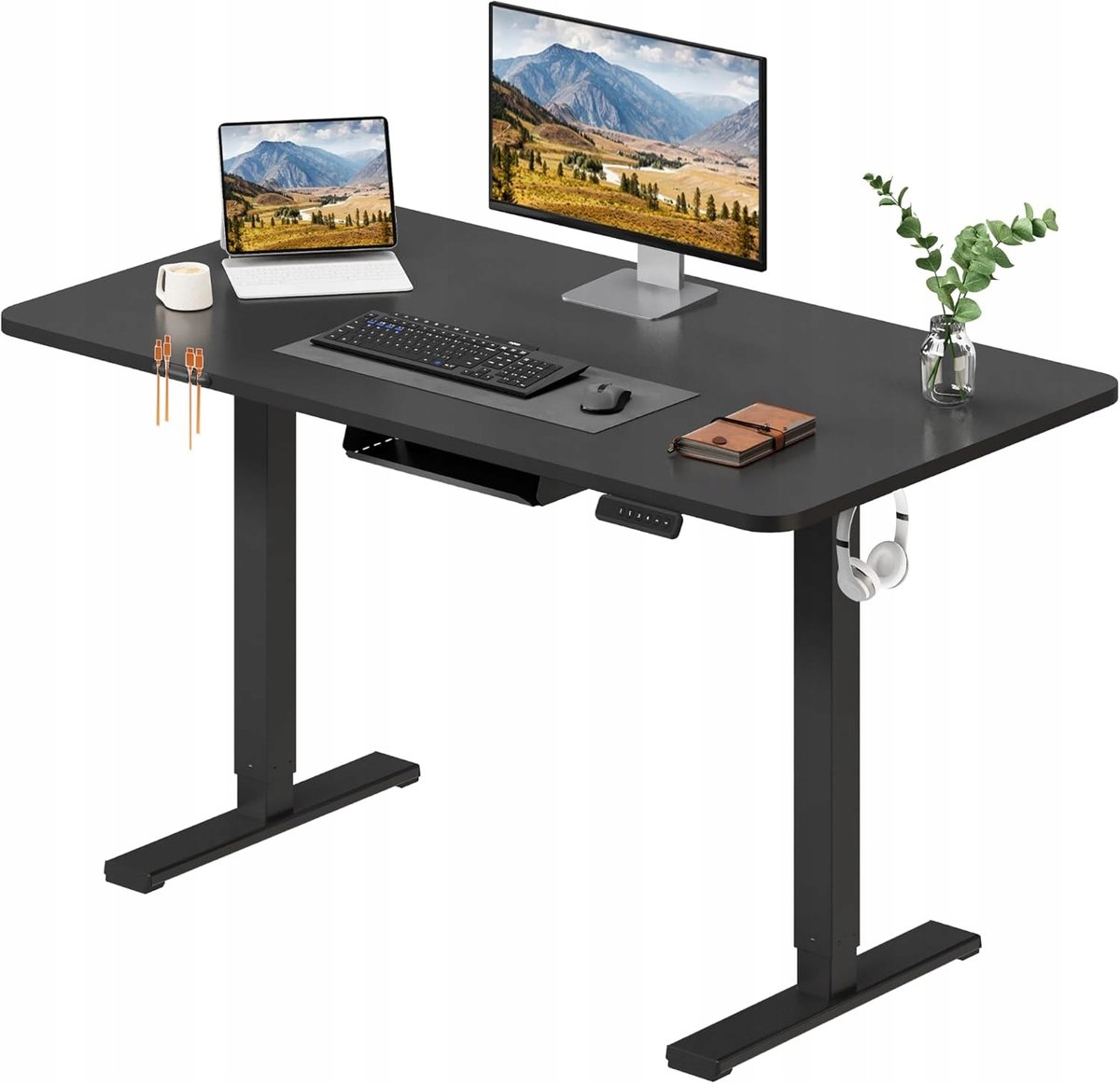 BIURKO ELEKTRYCZNE SANODESK 120X60 CM CZARNE PAMIĘĆ SZUFLADA BLOKADA DZIECI