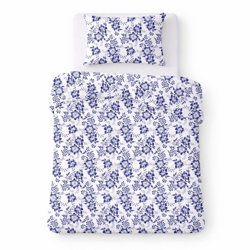 Pościel bawełniana 140x200 biała w granatowe kwiaty klasyczny - COTTON HOME