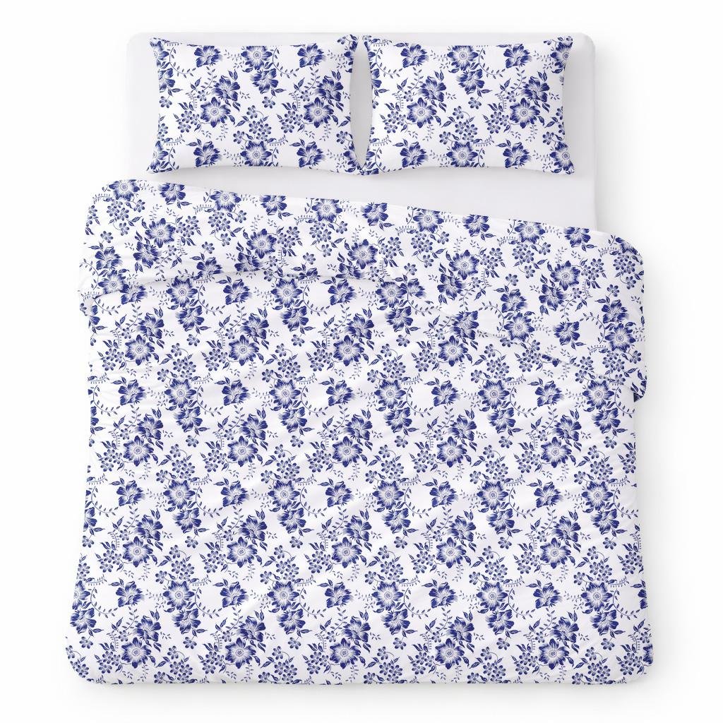 Pościel bawełniana 200x220 biała w granatowe kwiaty klasyczny - COTTON HOME