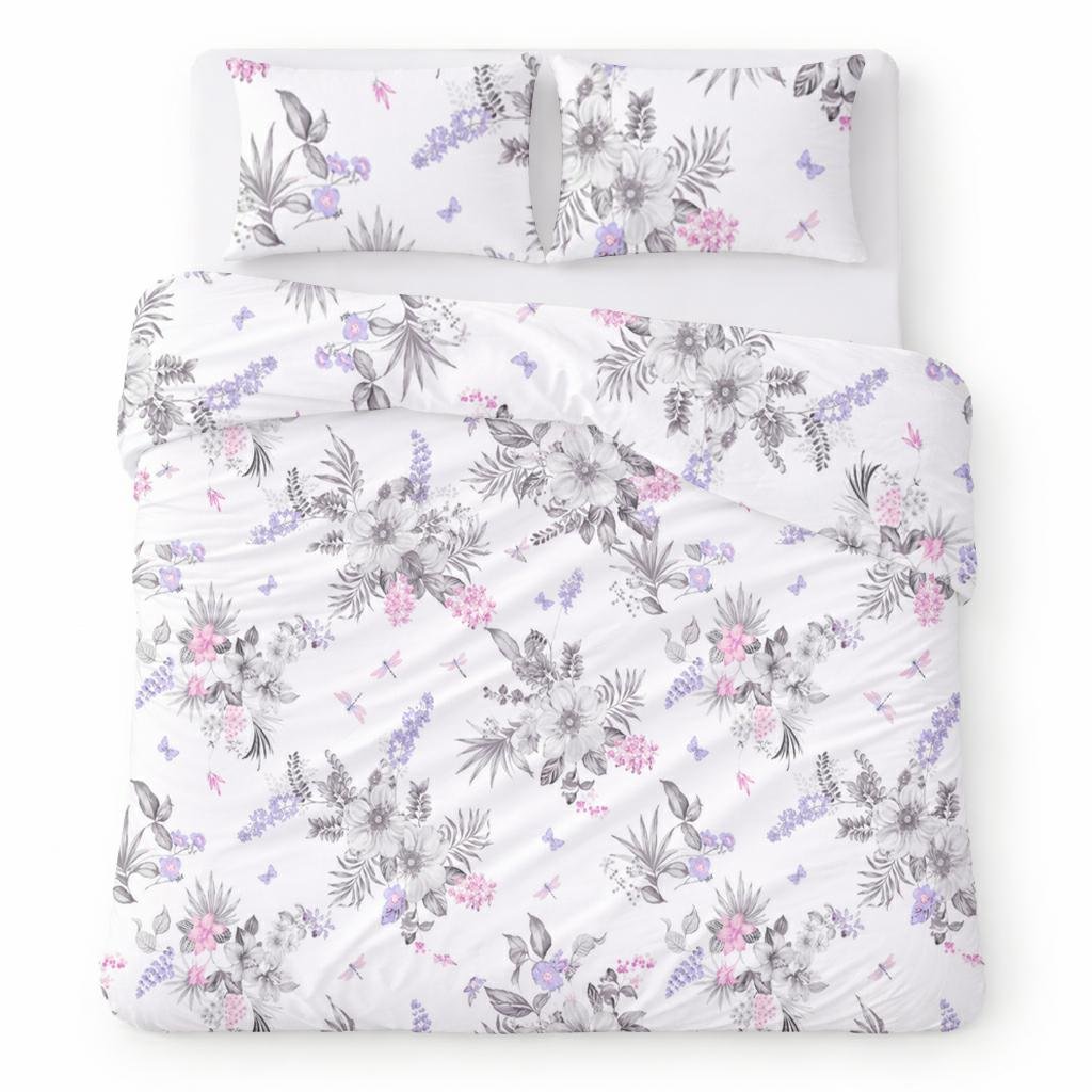 Pościel bawełniana 160x200 biała w szaro-fioletowe kwiaty elegancki - COTTON HOME