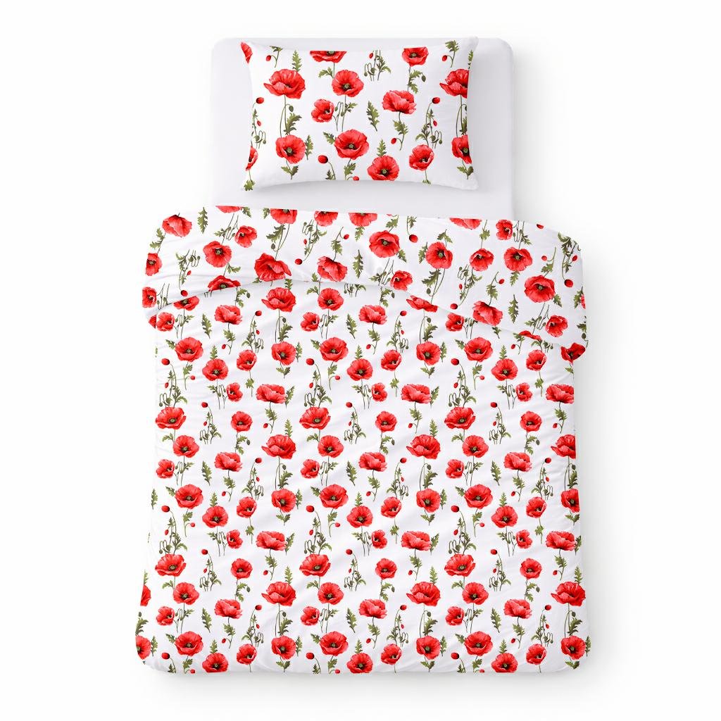 Pościel bawełniana 140x200 biała w czerwone maki klasyczny - COTTON HOME