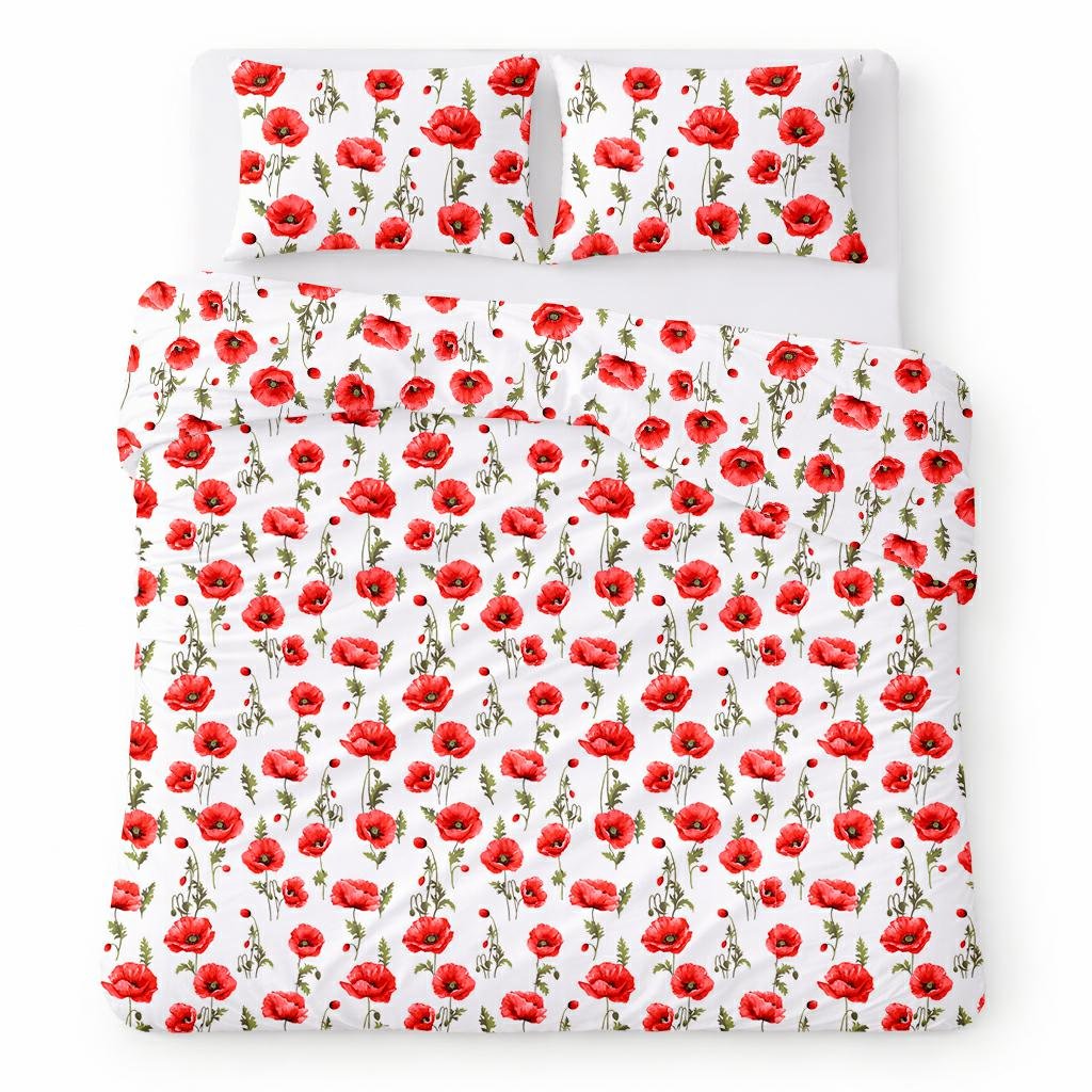 Pościel bawełniana 200x220 biała w czerwone maki klasyczny - COTTON HOME