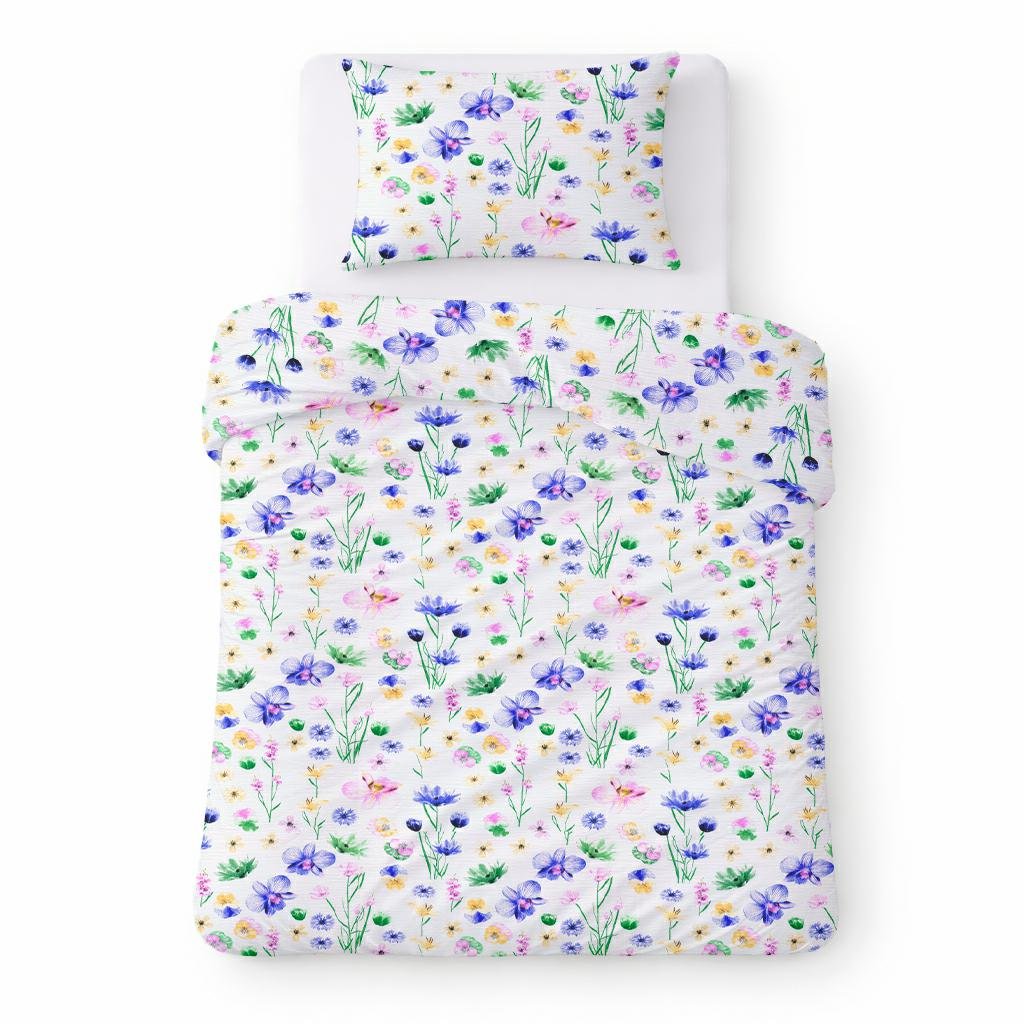Pościel bawełniana 140x200 biała w kolorowe kwiaty łąkowe nowoczesny - COTTON HOME
