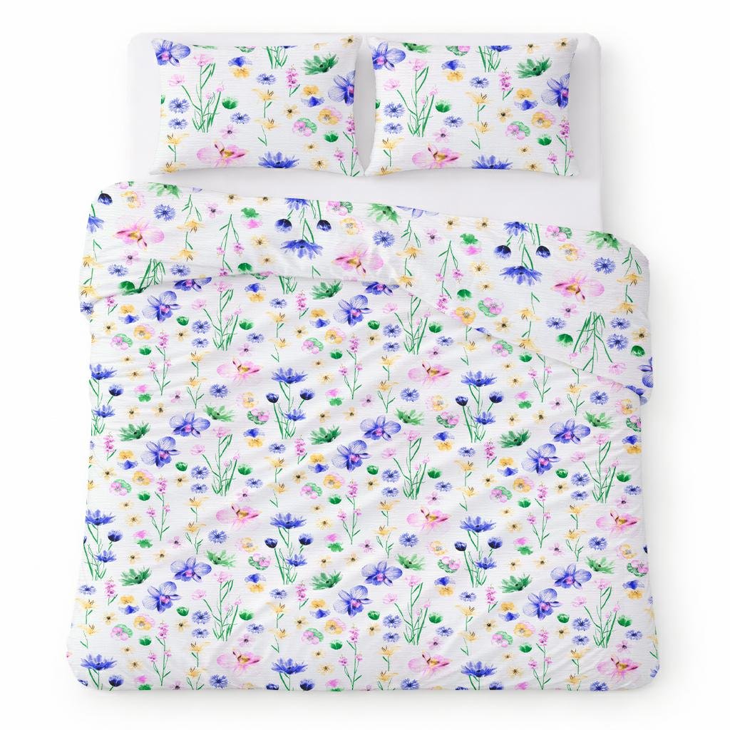 Pościel bawełniana 200x220 biała w kolorowe kwiaty łąkowe nowoczesny - COTTON HOME