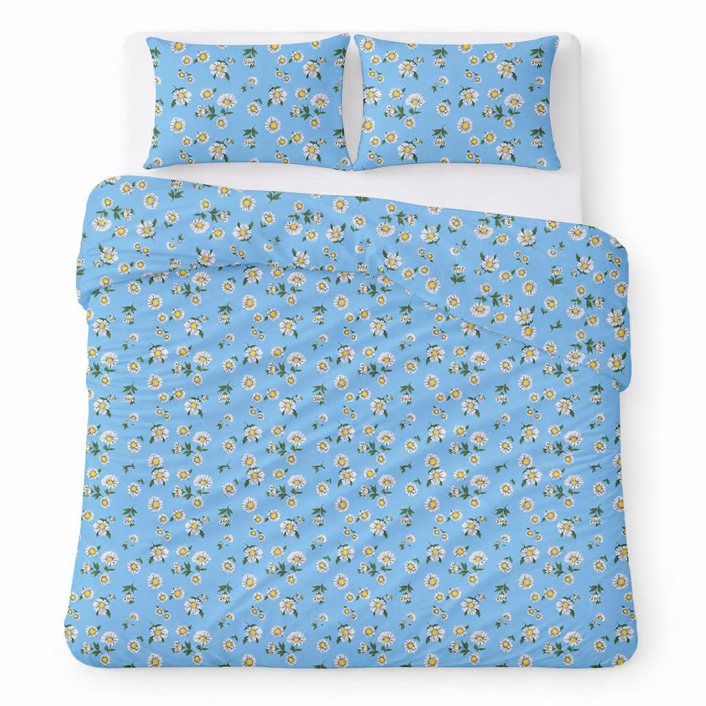 Pościel bawełniana 200x220 niebieska w białe stokrotki klasyczny - COTTON HOME