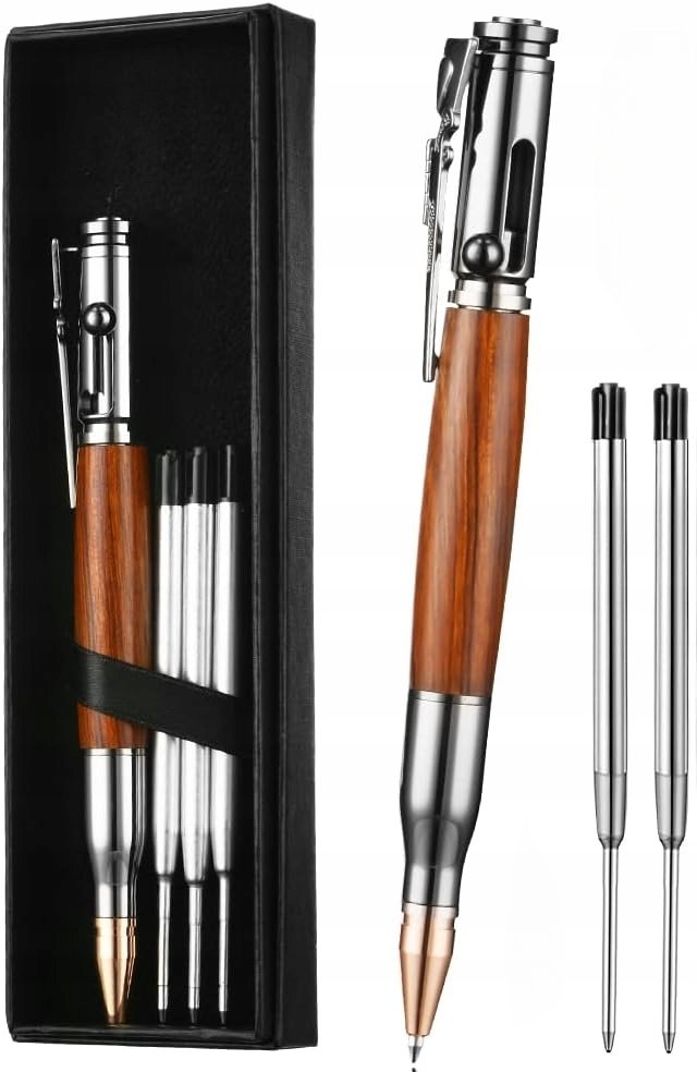 Metalowy długopis z etui, 5 wkładów, słoje drewna, czarny tusz, prezent