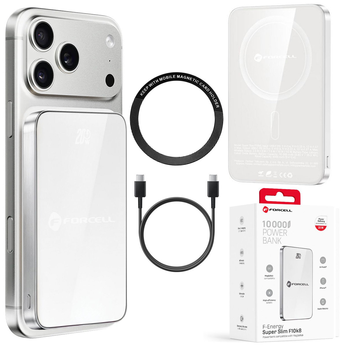Forcell SuperSlim F10K8 Magnetyczny Powerbank 20W z MagSafe 15W QC4.0 PD3.0 10000mAh Silver
