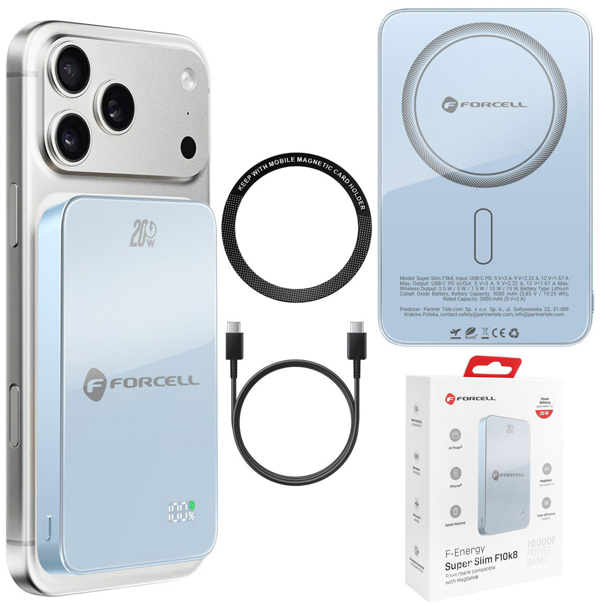Forcell SuperSlim F10K8 Magnetyczny Powerbank 20W z MagSafe 15W QC4.0 PD3.0 10000mAh Blue