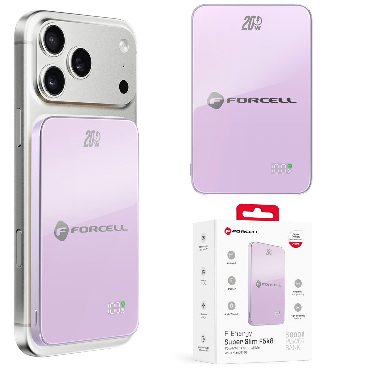Forcell SuperSlim F5K8 Magnetyczny Powerbank 20W z MagSafe 15W QC4.0 PD3.0 5000mAh Violet