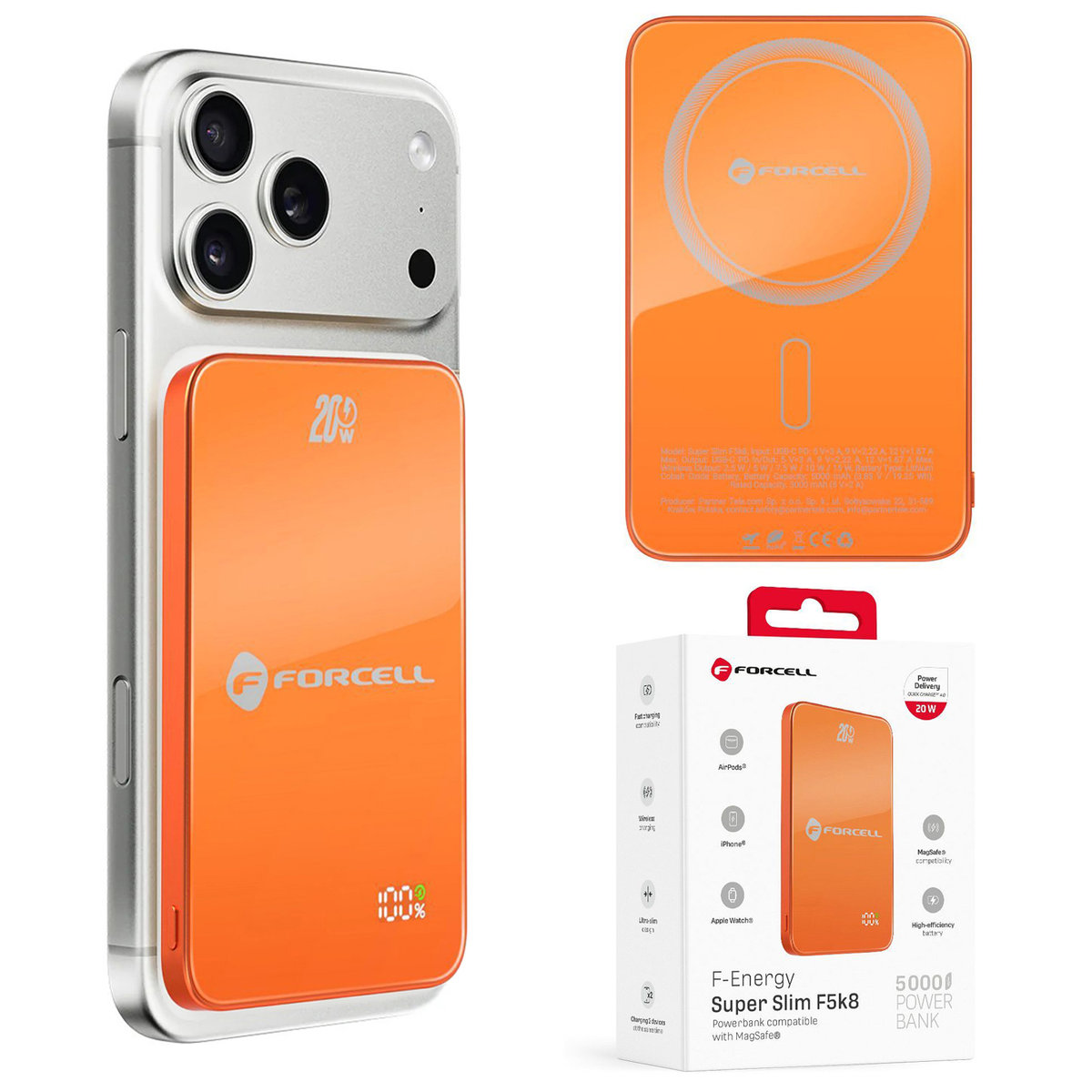 Forcell SuperSlim F5K8 Magnetyczny Powerbank 20W z MagSafe 15W QC4.0 PD3.0 5000mAh Orange