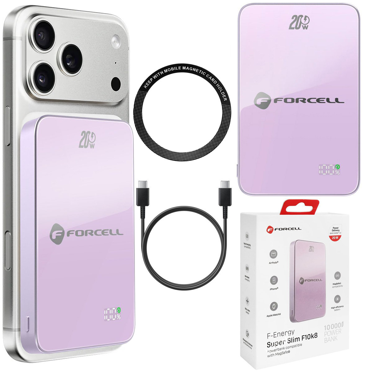Forcell SuperSlim F10K8 Magnetyczny Powerbank 20W z MagSafe 15W QC4.0 PD3.0 10000mAh Violet