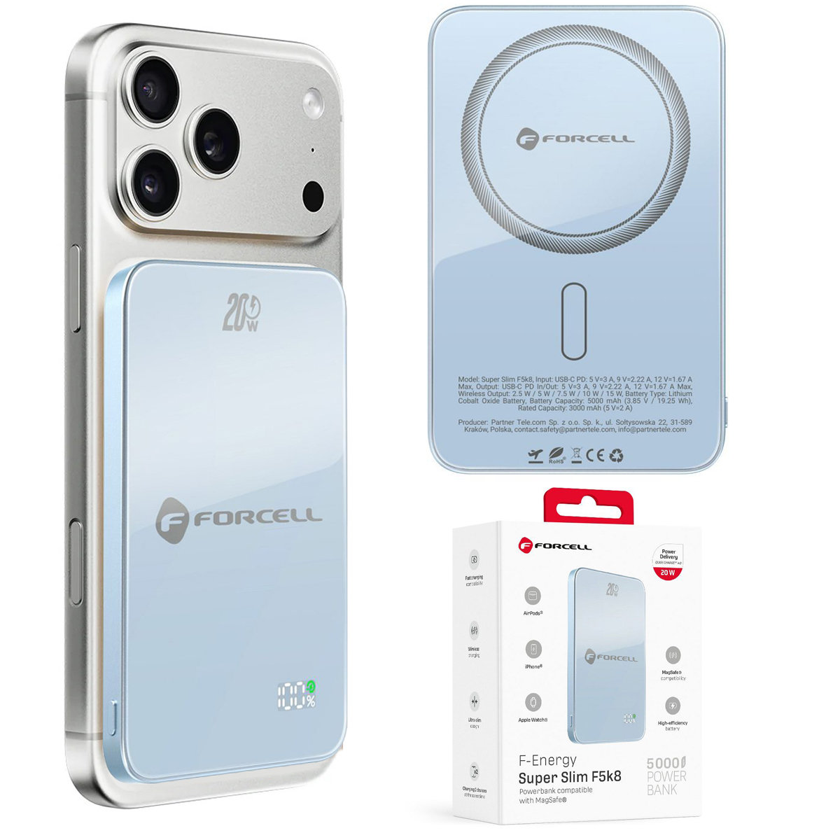 Forcell SuperSlim F5K8 Magnetyczny Powerbank 20W z MagSafe 15W QC4.0 PD3.0 5000mAh Blue