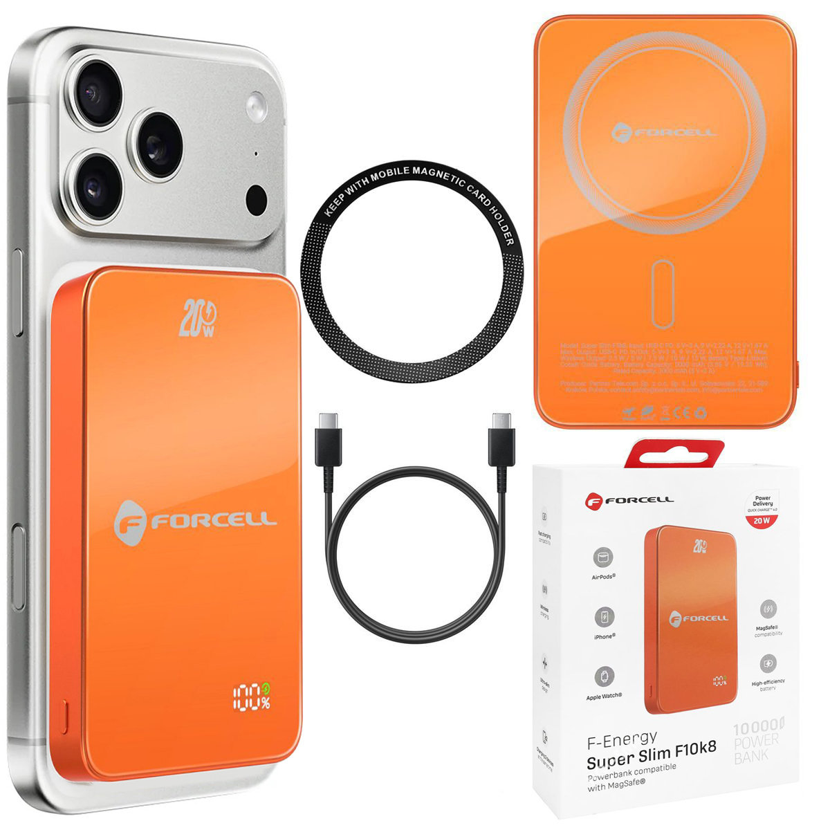 Forcell SuperSlim F10K8 Magnetyczny Powerbank 20W z MagSafe 15W QC4.0 PD3.0 10000mAh Orange