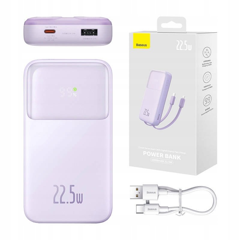 Powerbank z wyświetlaczem 10000mAh 22.5W + kabel USB-A / USB-C fioletowy