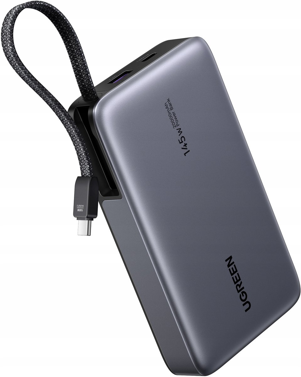 UGREEN PB551 Szybki Powerbank 20000mAh 145W USB-C+USB Wbudowany Kabel Szary