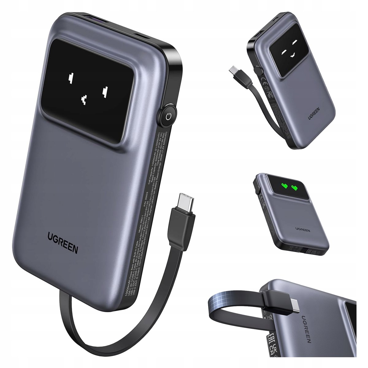 UGREEN POJEMNY POWERBANK 10000MAH 30W DO TELEFONU WBUDOWANY KABEL USB-C