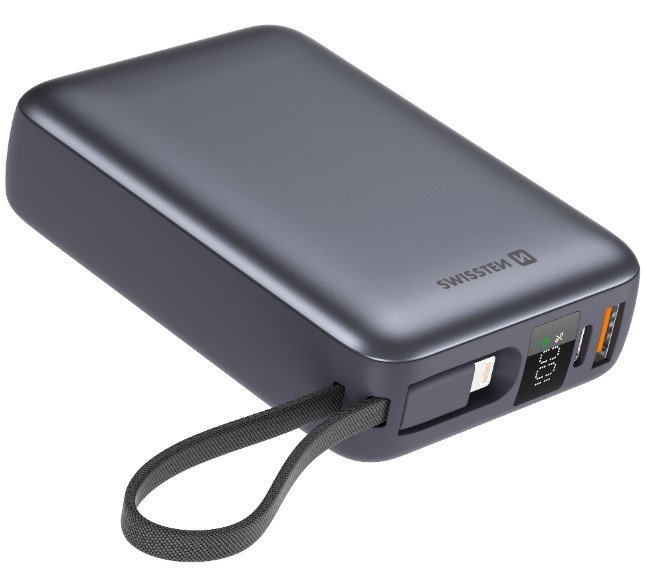 Powerbank Swissten 20000 mAh USB-C USB- A Kabel USB-C + Lightning LCD