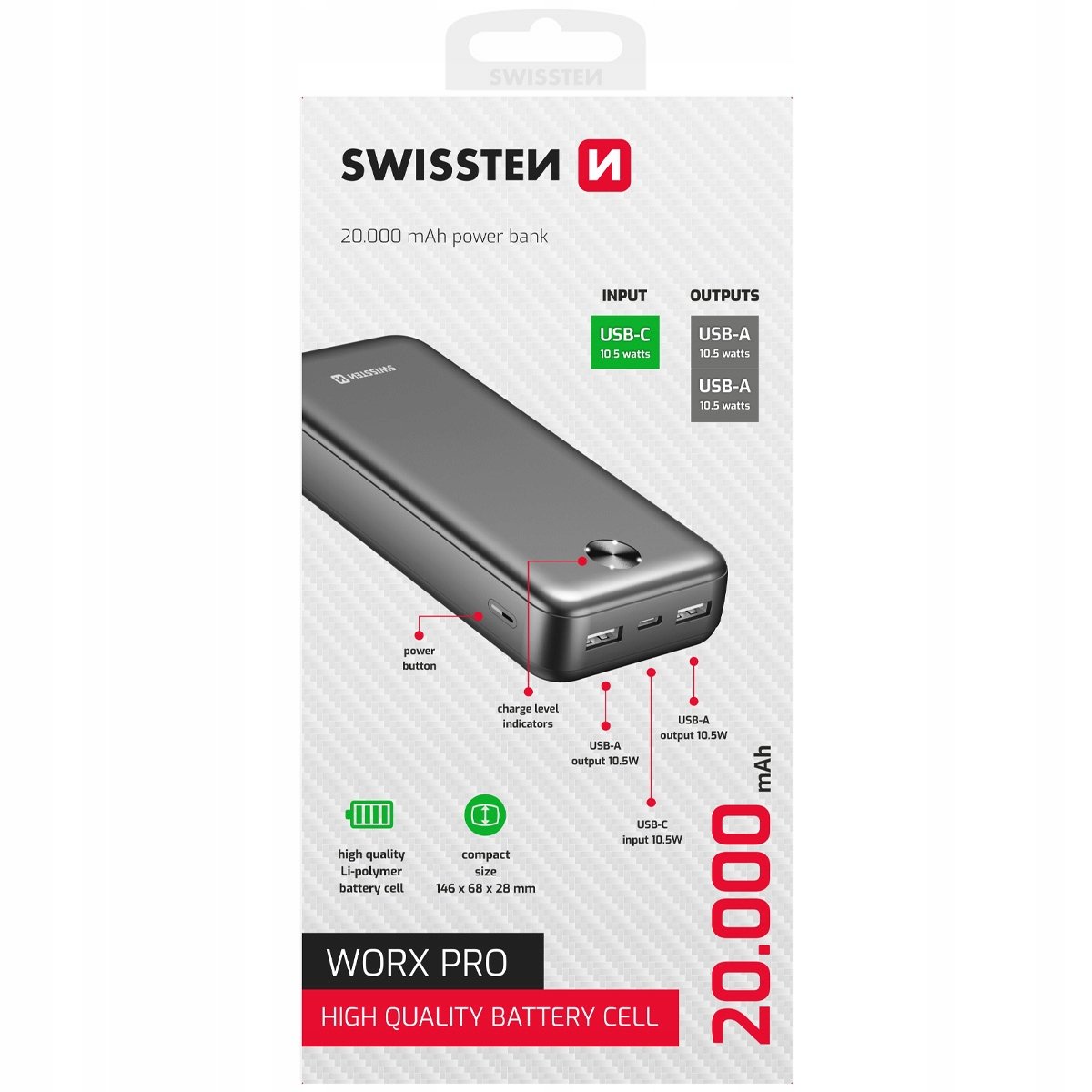 Powerbank SWISSTEN 20000 mAh Power bank USB-C USB-A KOMPAKTOWY WORX PRO