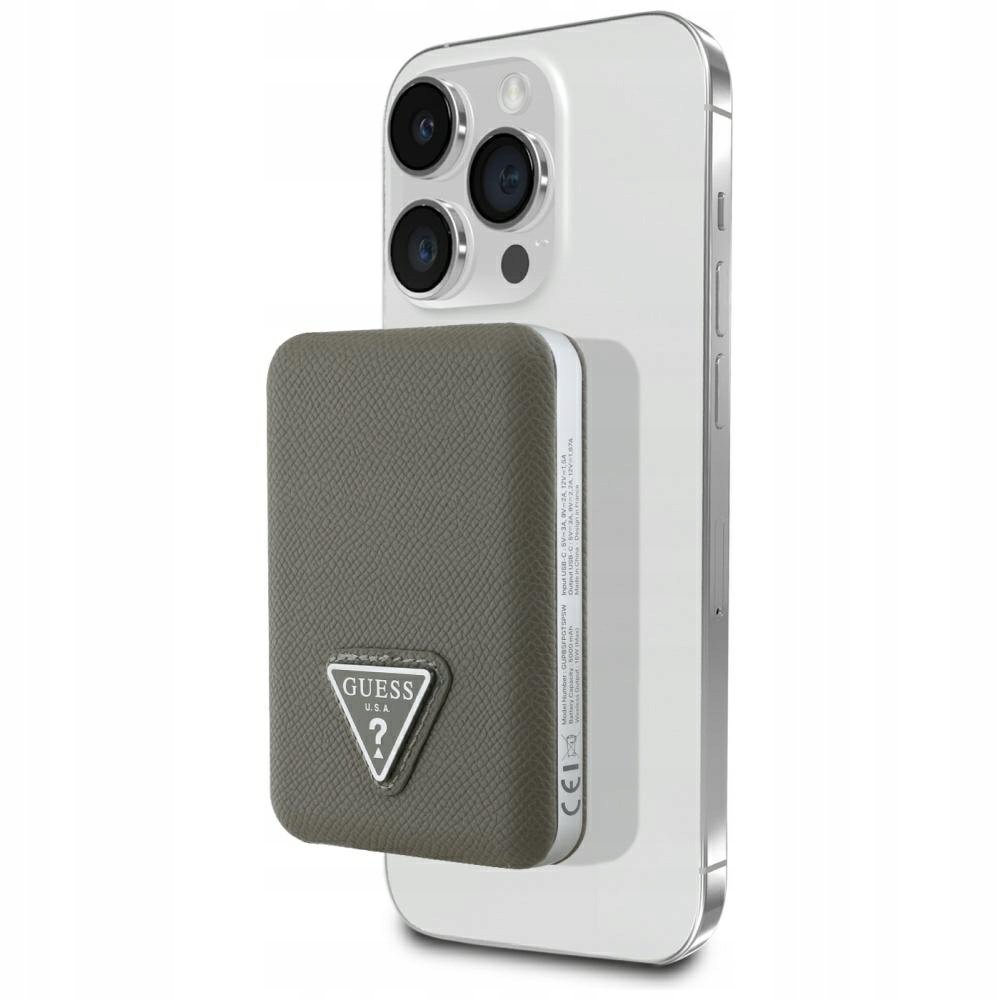 Powerbank indukcyjny Guess Grained Triangle 5000mAh 15W USB-C MagSafe brązo