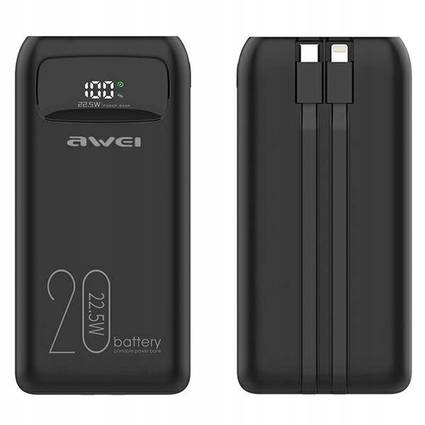 AWEI PowerBank P169K 20000mAh 22.5W czarny/black wyświetlacz + kable PD/Lig
