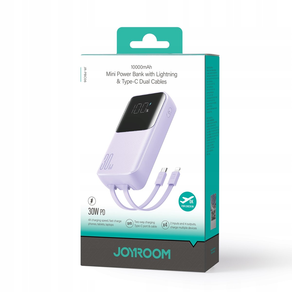Powerbank 30W 10000mAh z wbudowanymi kablami iPhone Lightning i USB-C