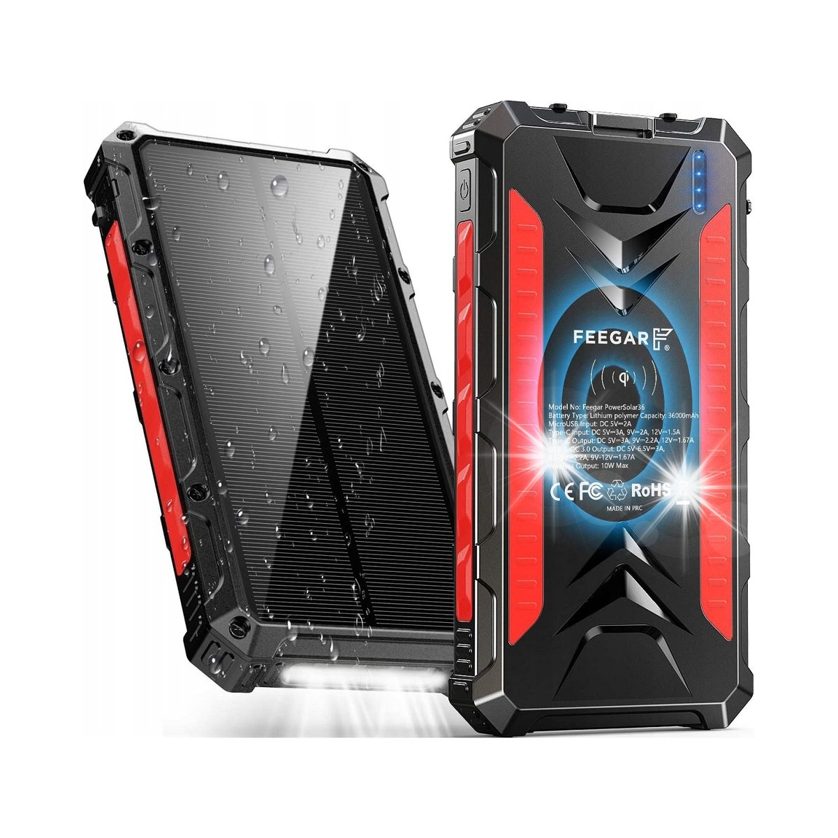 Power bank Solarny Feegar 36000mah 20W 4x USB-C PD QC3 Ładowanie indukcyjne