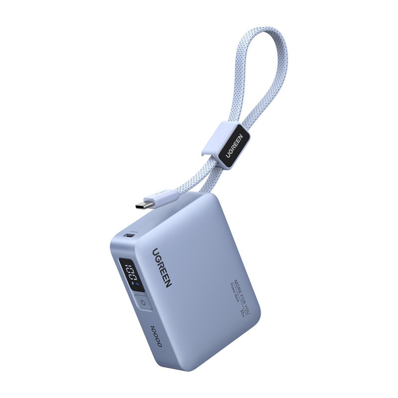 Powerbank 10000mAh Ugreen PB584, USB + USB-C, 33W, wbudowany kabel (szary)